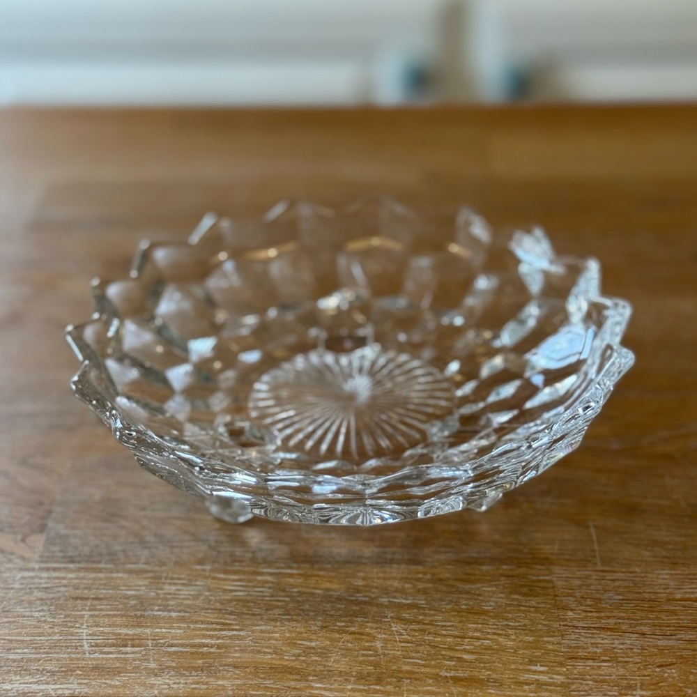 Vintage Fostoria American 3-Footed Nut Dish in Cubist Diamond Pattern